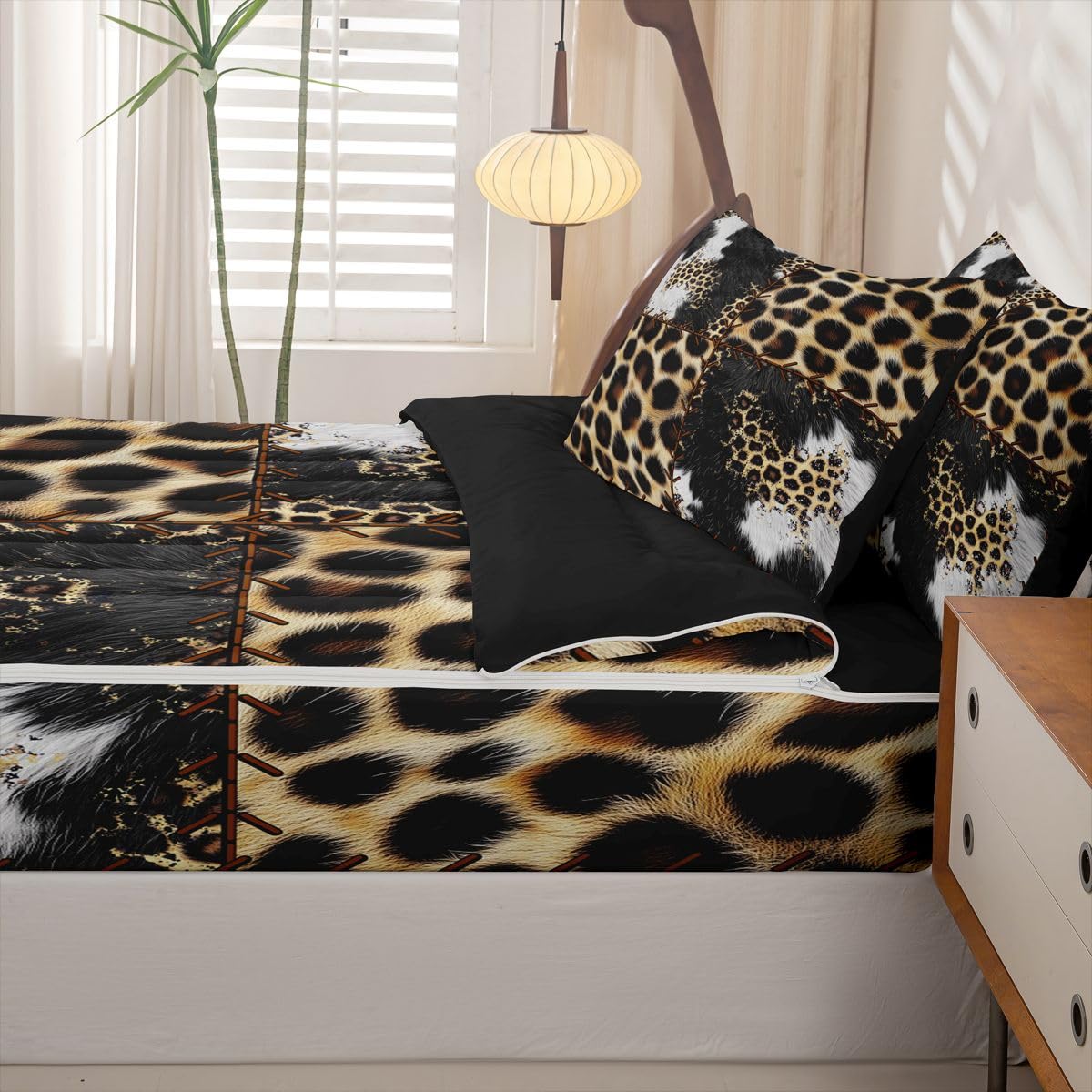 Feelyou Cow Fur Zipper Bedding Sets Kids Leopard Print Queen Comforter Set with Fitted Sheet Boys Girls Decor Western Farm Animal Skin Comforter Plaid Grid Black Yellow Bed in A Bag
