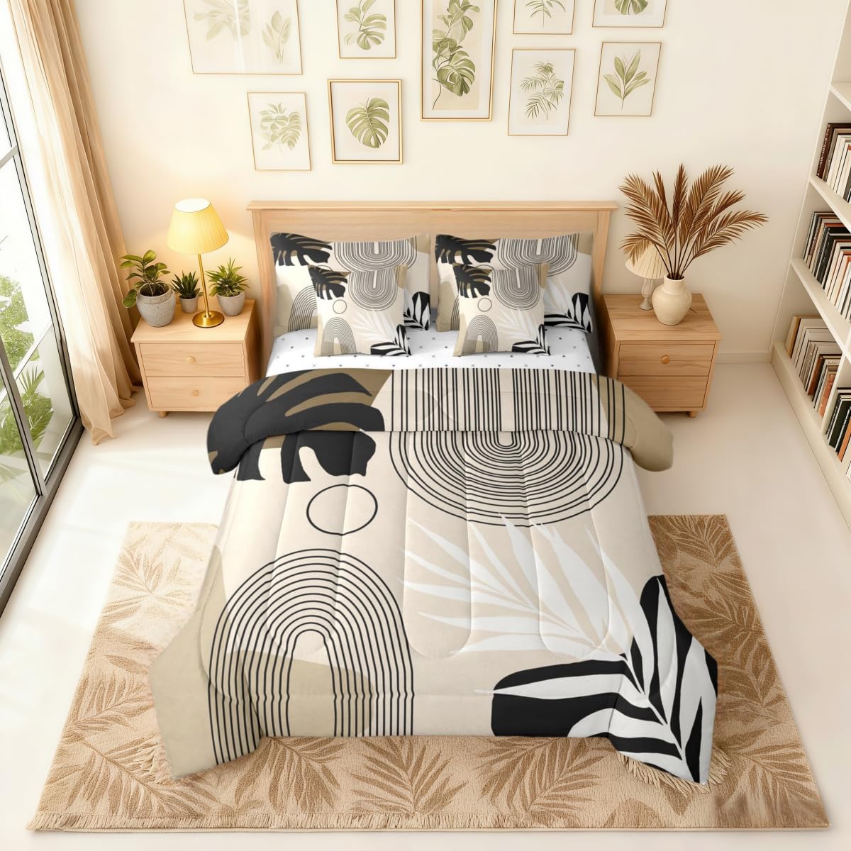 Erosebridal Boho Mid Century Full Comforter Set with Sheets, Modern Minimalist 7 Pcs Bedding Set, Abstract Arch Geometric Bed in A Bag, Tropical Palm Leaf Aesthetic Bed Sets, Black Beige Brown