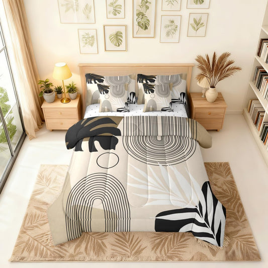 Erosebridal Boho Mid Century Full Comforter Set with Sheets, Modern Minimalist 7 Pcs Bedding Set, Abstract Arch Geometric Bed in A Bag, Tropical Palm Leaf Aesthetic Bed Sets, Black Beige Brown
