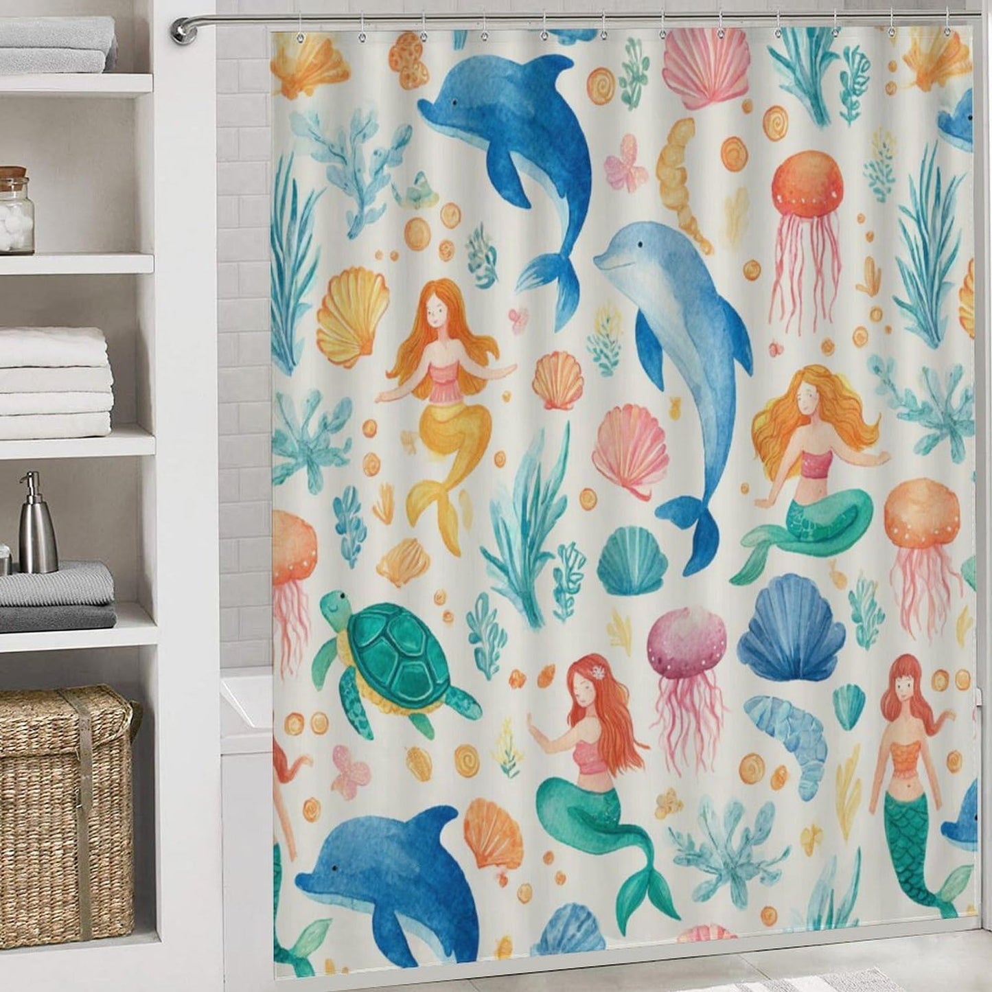 INSFBRB Cute Watercolor Dolphin Shower Curtain Sets with Rug,Toilet Lid Cover and Bath Mat,Cartoon Funny Ocean Mermaid Seashell Wildlife Jellyfish Sea Turtle 4 Piece Bathroom Set
