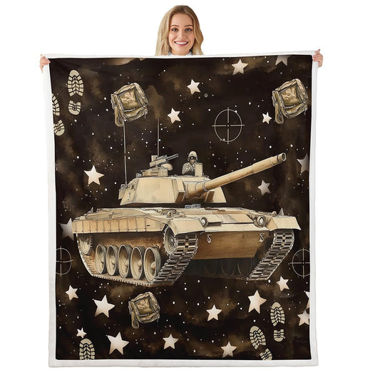 Army Tank Kids Throw Blanket,Camo Warship War Theme Bed Blanket for Boys Men,Tie-dye Graffiti Starry Sky Retro Camoflage Fleece Blanket,Brown Black Fuzzy Blanket,40 x 50 Inches