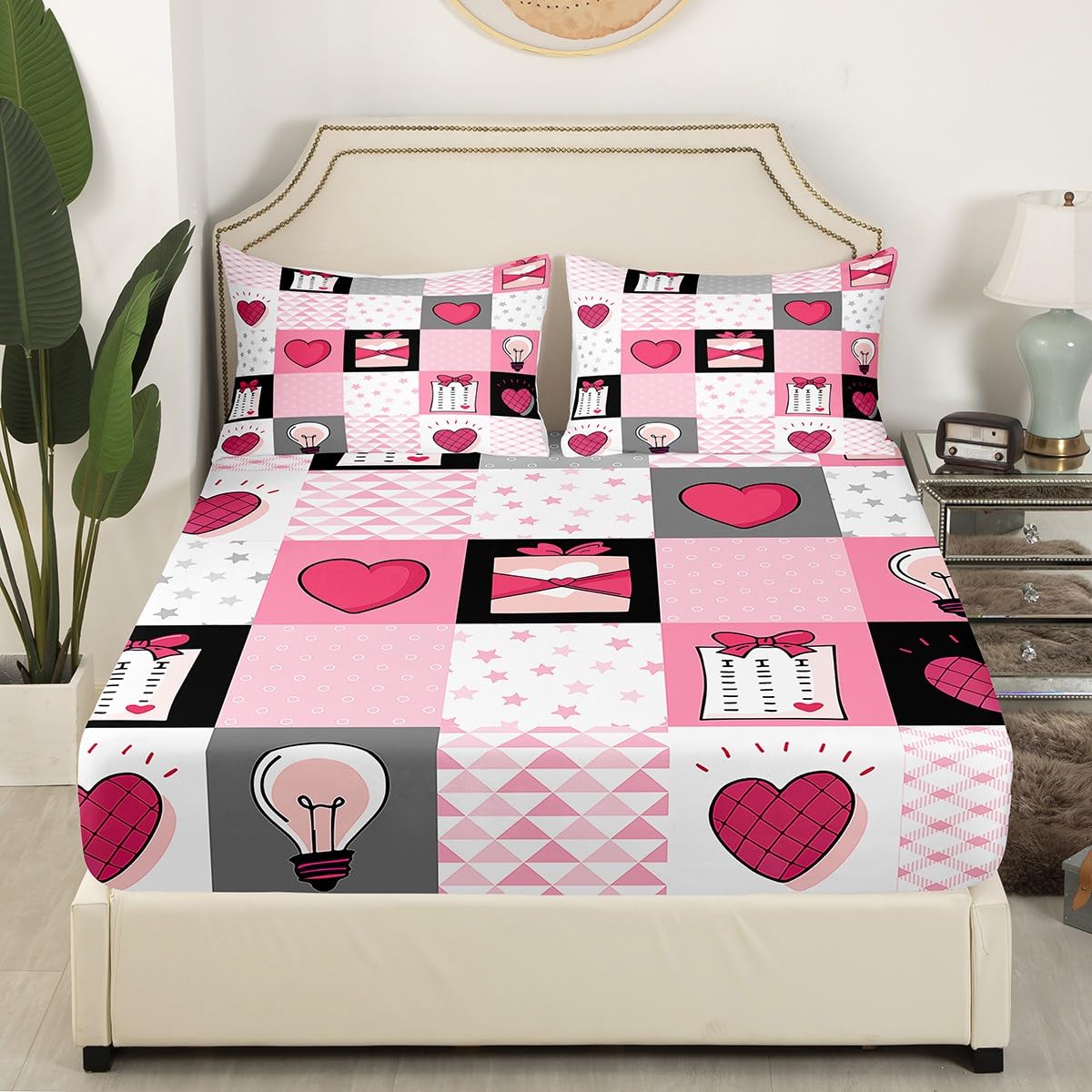 Feelyou Boys Girls Valentine's Day Bed Sheet Set Full Size, Glitter Pastel Fitted Sheet Kids Love Heart Bedding Set Romantic Teens Bed Cover Bedroom Decor with 2 Pillow Case (No Flat Sheet)