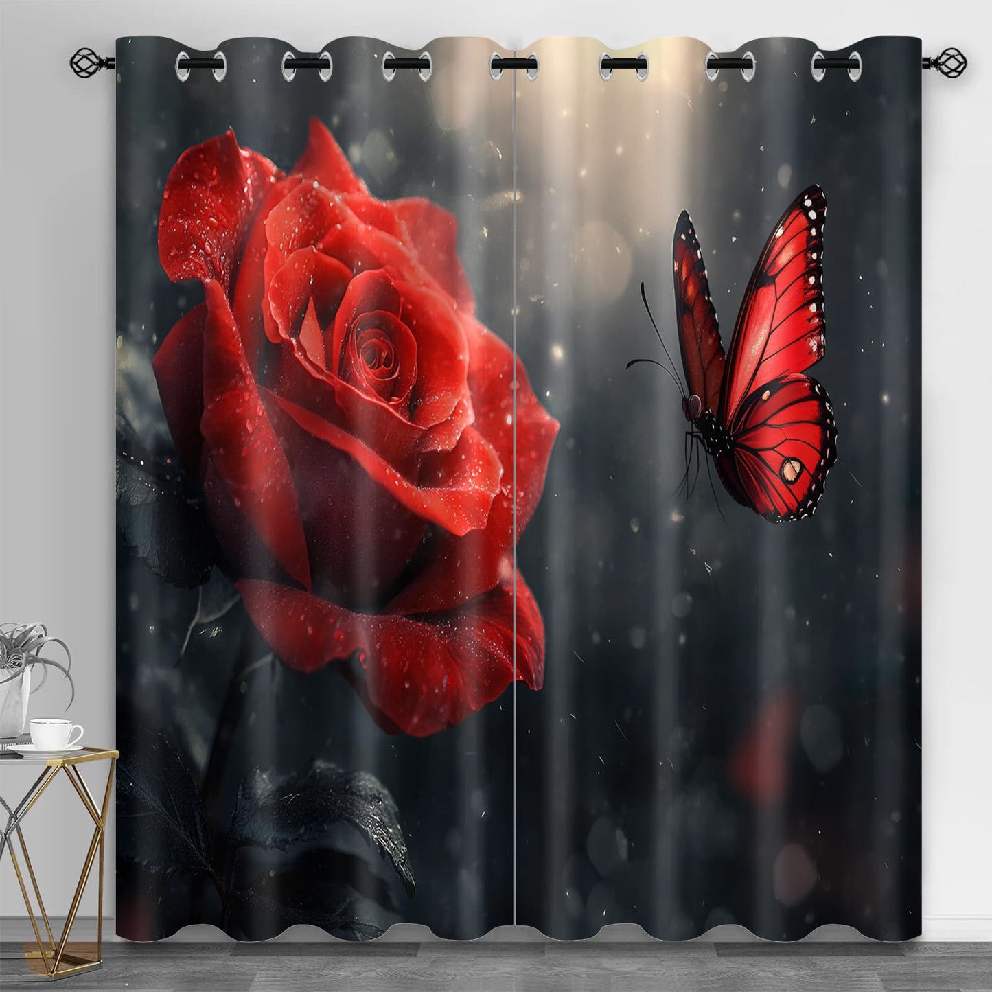 JAXIUOF Red Flowers Curtains 39 Inch Long 2 Panels Butterfly Rose Plants Blackout Curtains, Romantic Floral 3D Printed Drapes, Grommet Top Window Treatments for Bedroom Office Kitchen