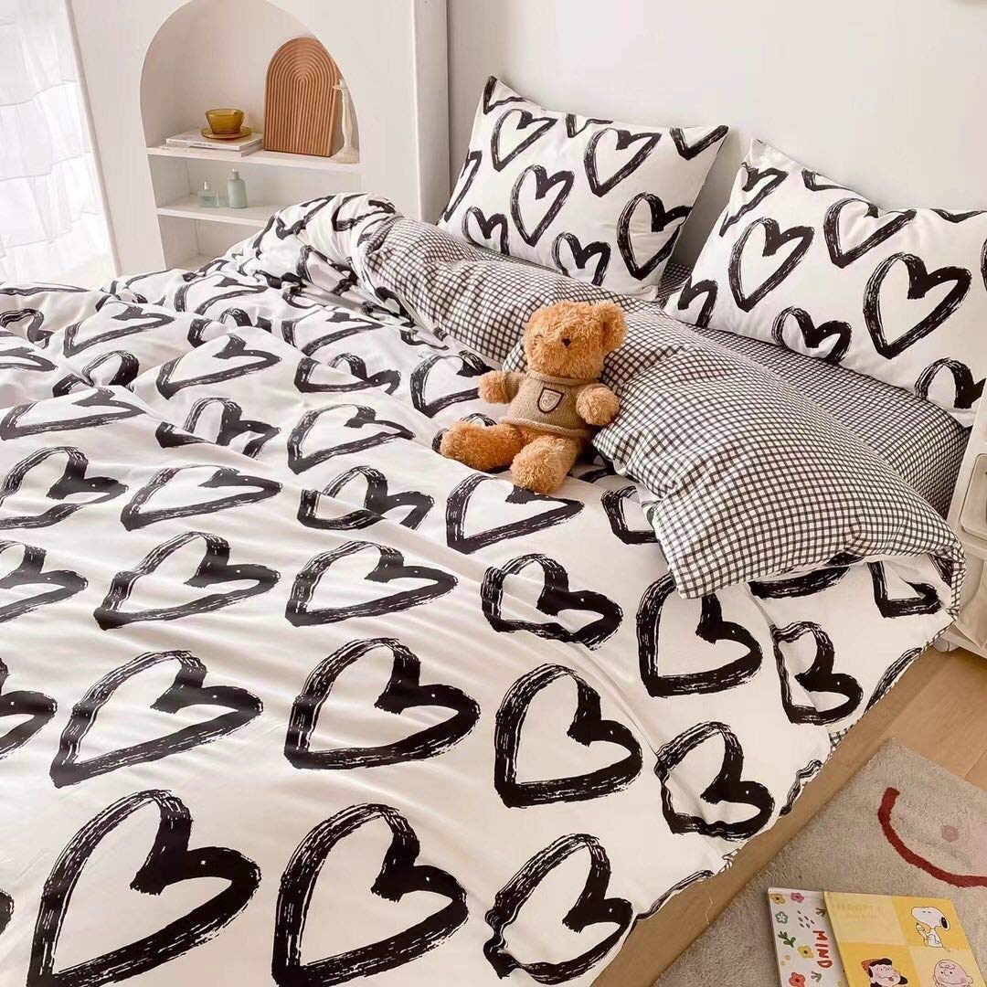 CLOTHKNOW Black and White Duvet Cover Sets Cotton Queen Love Pattern Bedding Sets Full Bedding Duvet Cover Reversible Grey Grid Duvet Cover