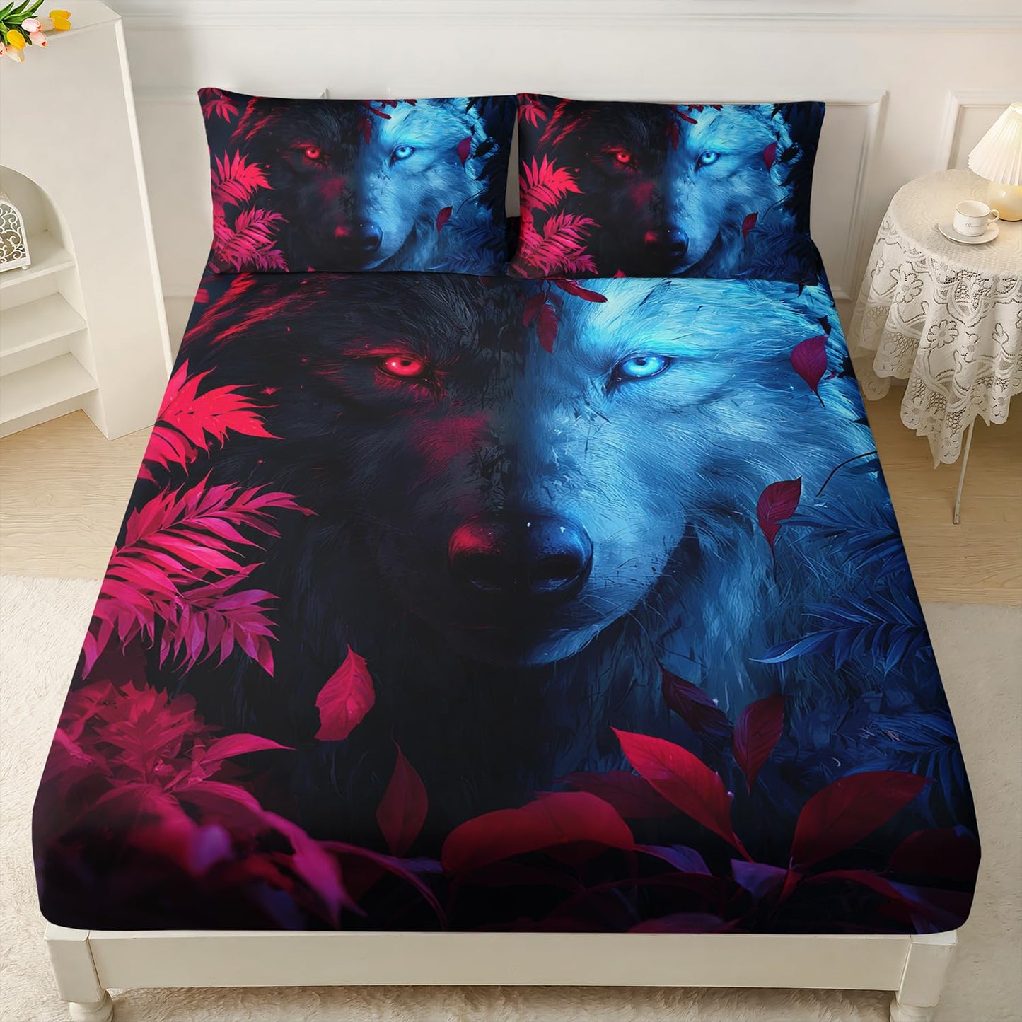 HOSIMA Wolf Twin Bedding Sets for Kids,Blue Black Wolf Print Fitted Sheet,Red Maple Leaves Pattern Animal Themed Wildlife Bedding Sets for Teens Boys Room Decor,1 Fitted Sheet+2 Pillowcases.