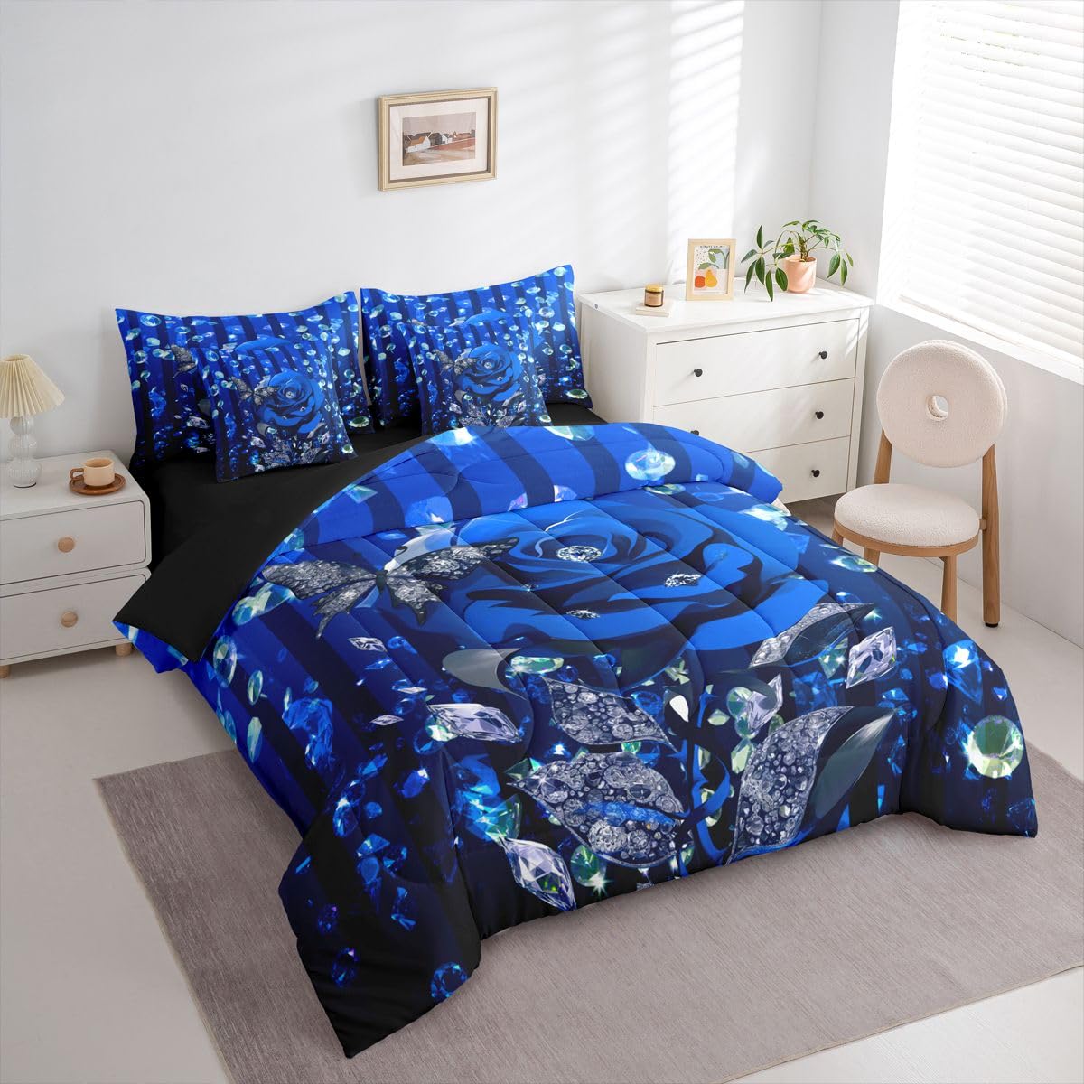 Erosebridal Blue Rose Floral Queen Bedding Set 7 Piece Romantic Valentine Bed in A Bag with Sheets Stripes Diamond Butterflies Comforter Set for Women Men Adults,Lovers Modern Fashion Bed Sets