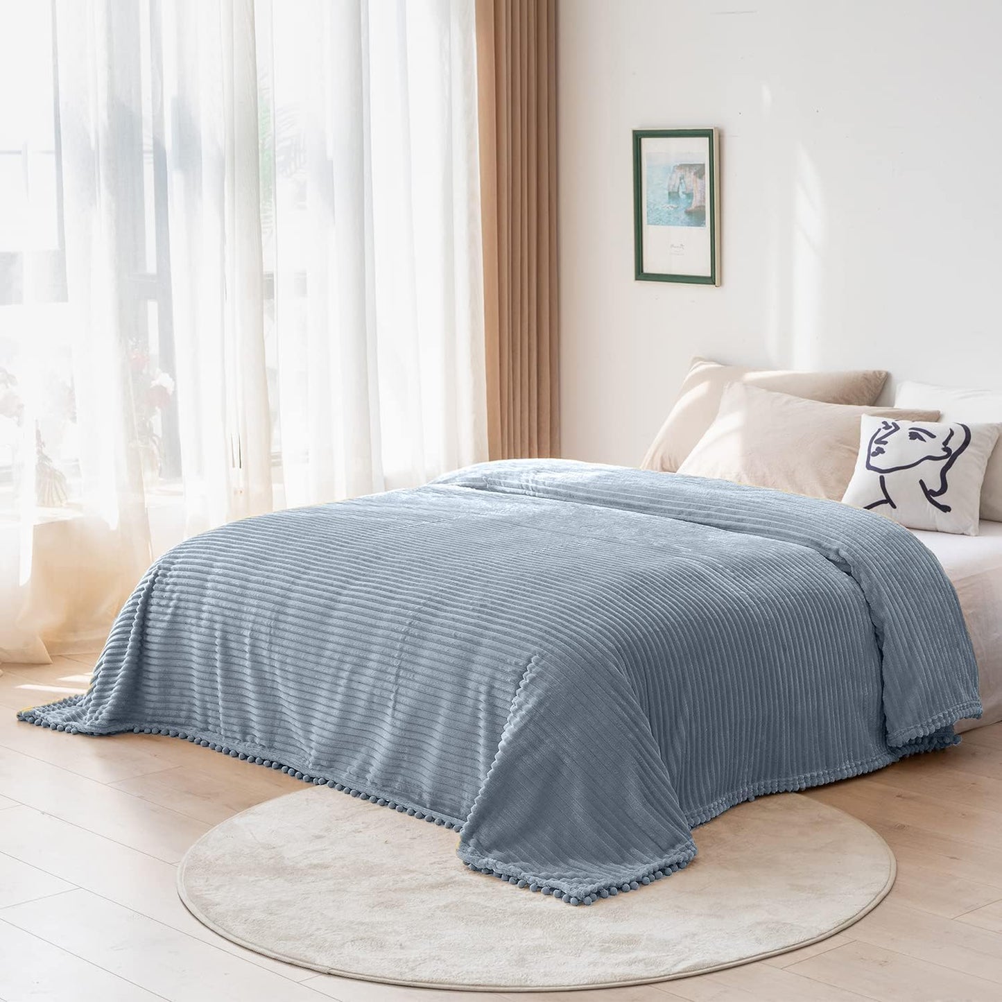 DISSA Fleece Blanket Twin Size – 60x80, Grey – Soft, Plush, Fluffy, Fuzzy, Warm, Cozy – Perfect Throw for Couch, Bed, Sofa - with Pompom Fringe - Flannel Blanket