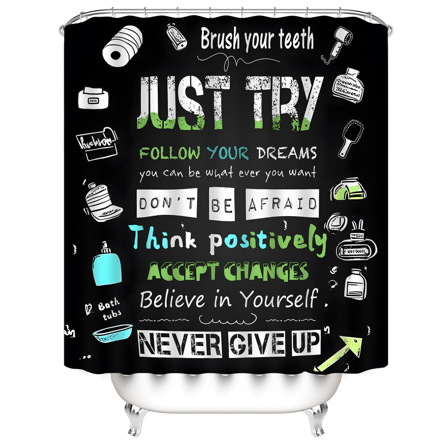 AZHM Black Inspirational Quotes and Positive Phrases Pattern Shower Curtain Set for Bathroom 4 Pcs Whimsical Design Bathroom Accessory Decor Sets with Shower Curtain and Rugs