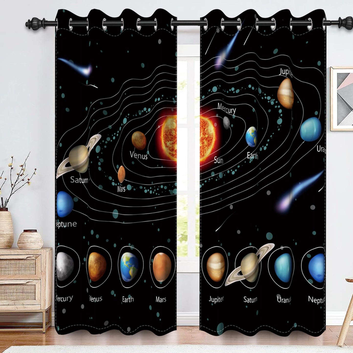Renaiss Outer Space Planet Kids Blackout Curtains for Boys Bedroom Cartoon Solar System Window Curtain Universe Galaxy Thermal Window Drapes for Room Darkening Curtains 2 Panels Set, 42x63 Inch