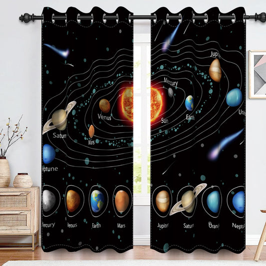 Renaiss Outer Space Planet Kids Blackout Curtains for Boys Bedroom Cartoon Solar System Window Curtain Universe Galaxy Thermal Window Drapes for Room Darkening Curtains 2 Panels Set, 42x63 Inch