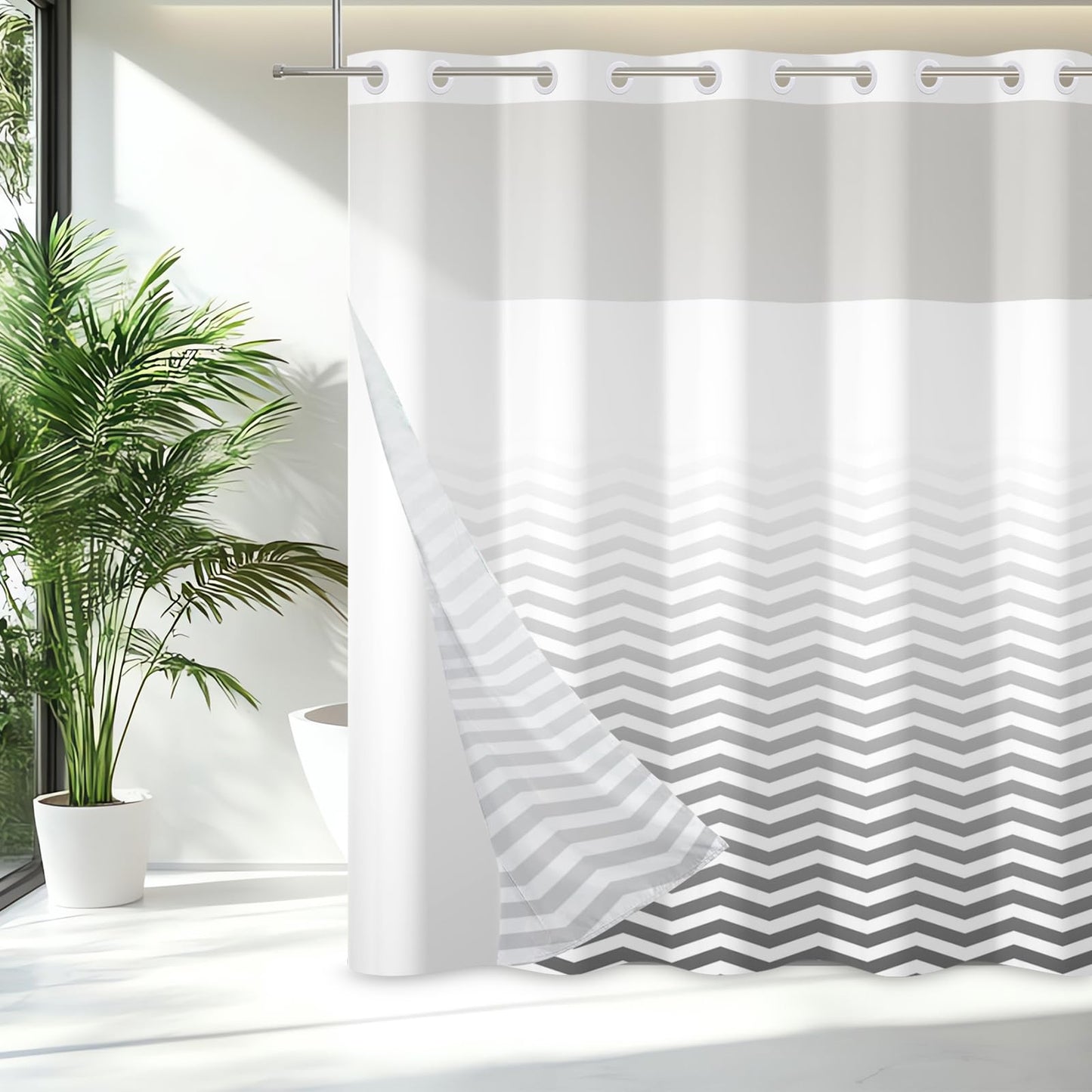 ggaimwf 71x71 Inch Without Hook Striped Shower Curtain and Liner Set Ombre Grey White Snap in Shower Curtains for Bathroom Color Gradient Modern Textured Bathroom Set