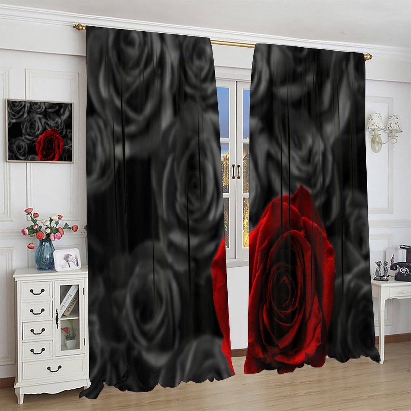GoDazzling Red Rose Floral Curtains, Vintage Romantic Black Red Roses Flower Print Rod Pocket Window Drapes, for Bedroom Living Room 41" W X 45" L (No Blackout)