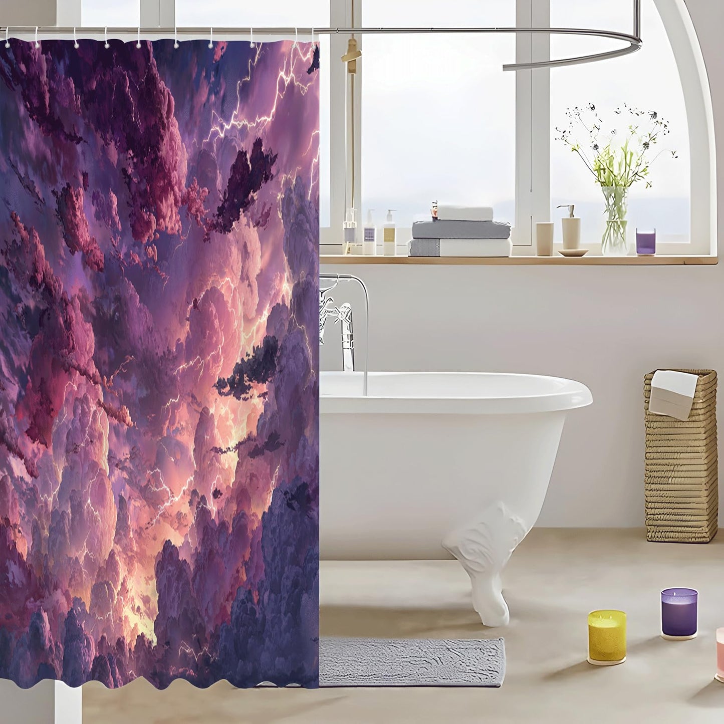 ZROLUW Purple Sky Shower Curtain Waterproof Soft Polyester Fabric 72" W x 72" L Cartoon Clouds Shower Curtains with Grommets Bathroom Accessories Decor