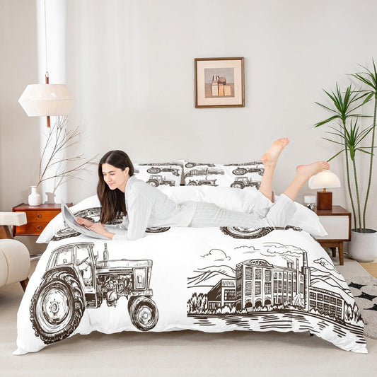 Manfei Truck Kids Duvet Cover Set Queen Size, Retro Train Tractor Bedding Set for Boys Girls Adult, Vintage Steam Locomotive Comforter Cover, Soft Polyester Quilt Cover, 2 Pillowcases,No Comforter