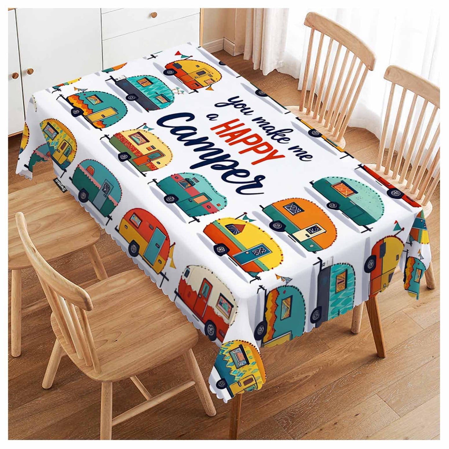 Swono Cars Cute Rectangular Tablecloth Cartoon Cars You Make Me A Happy Camper Quote Heavy Duty Table Cloth Kitchen Dining Room Table Cover for Party Dinner 50x72 Inch Tablecloths