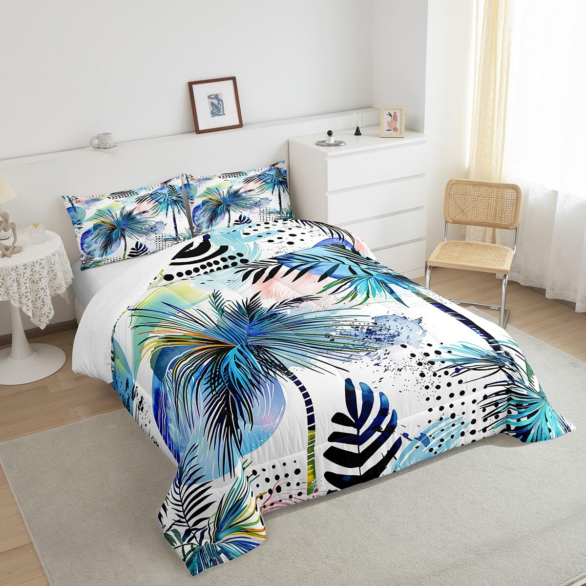 Manfei Kids Tropical Comforter Set Twin Size Palm Tree and Leaves Print Bedding Set 2pcs for Boys Teens Room Decor, Sea Beach Theme Quilt Set Modern Fashion Duvet Set with 1 Pillowcase