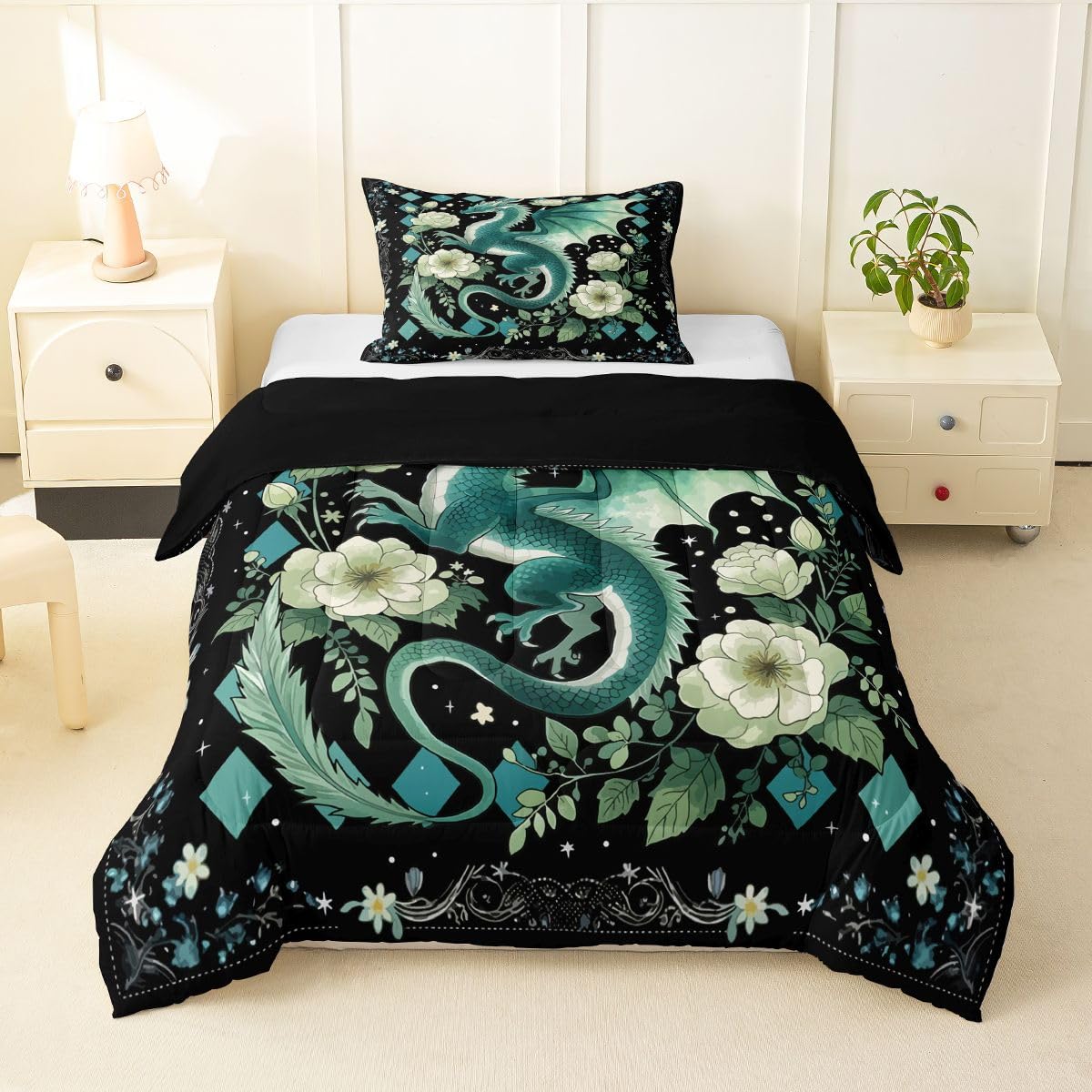 Feelyou Dragon Bedding Set Soft for Boys Girls, Magical Beast Comforter Set Twin Size Jungle Dragon Duvet Quilt Microfiber Wild Animal Bedroom Decor Fantasy Animal 2 Pcs with 1 Pillow Cases