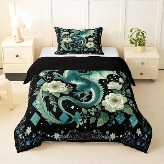 Feelyou Dragon Bedding Set Soft for Boys Girls, Magical Beast Comforter Set Twin Size Jungle Dragon Duvet Quilt Microfiber Wild Animal Bedroom Decor Fantasy Animal 2 Pcs with 1 Pillow Cases