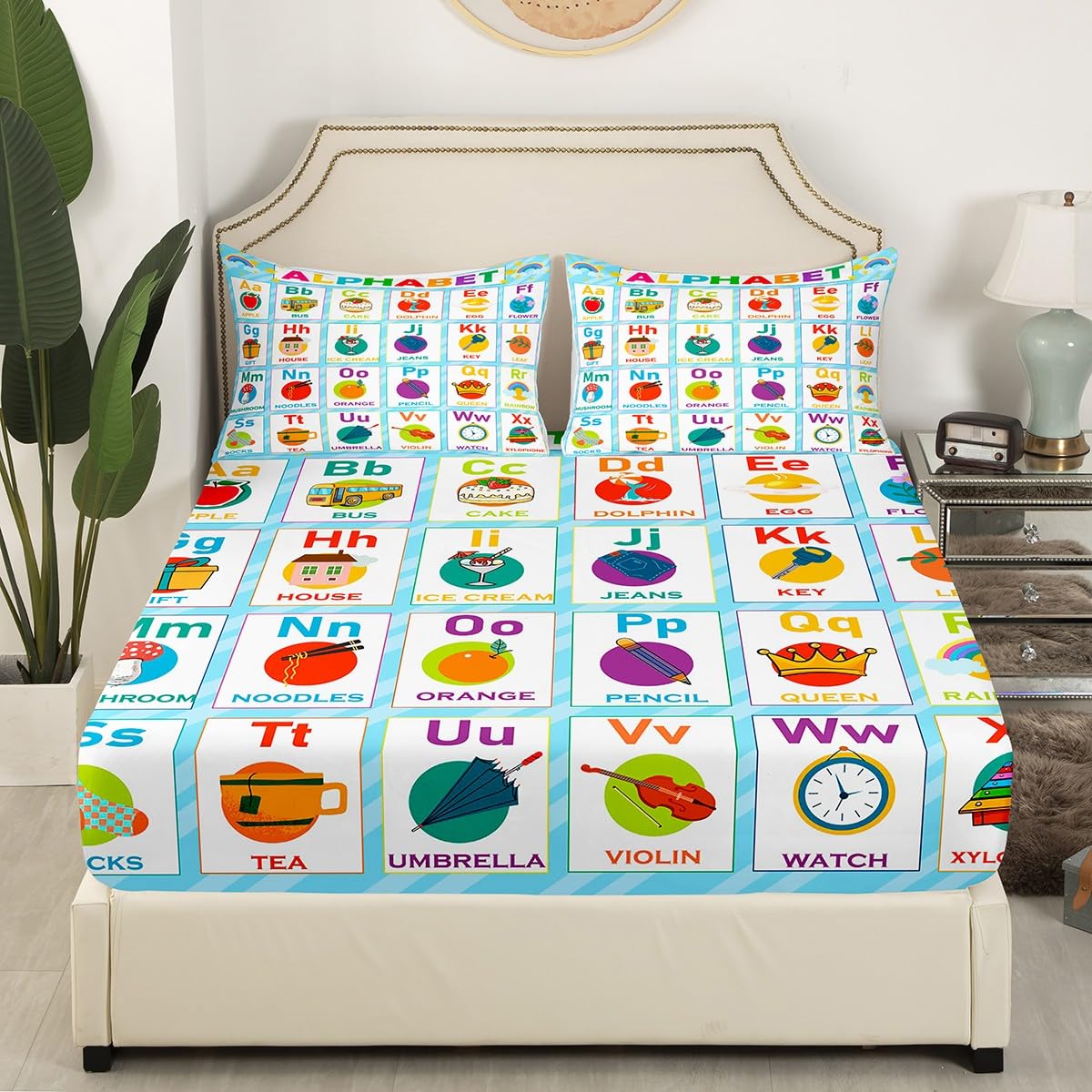 Alphabet Fitted Sheet Twin Size, ABC Alphabet Bedding Set Kids Toddler Learning Time Bed Sheet Set Educational Learning Bed Cover Lightweight Bed Set (No Flat Sheet)