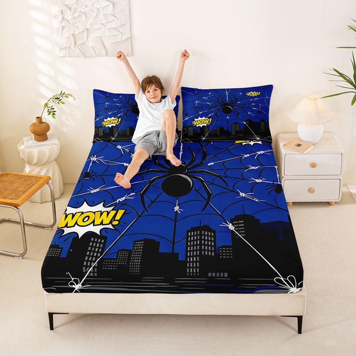 Black Spider Web Fitted Sheets Full Size (No Flat),Cartoon City Nightscape Bedding Set 3Pcs,Kids Teens Woman Room Decor,Anime Style Urban Bed Sheet Hero Themed Lover Deep Pocket Sheet,2 Pillowcases