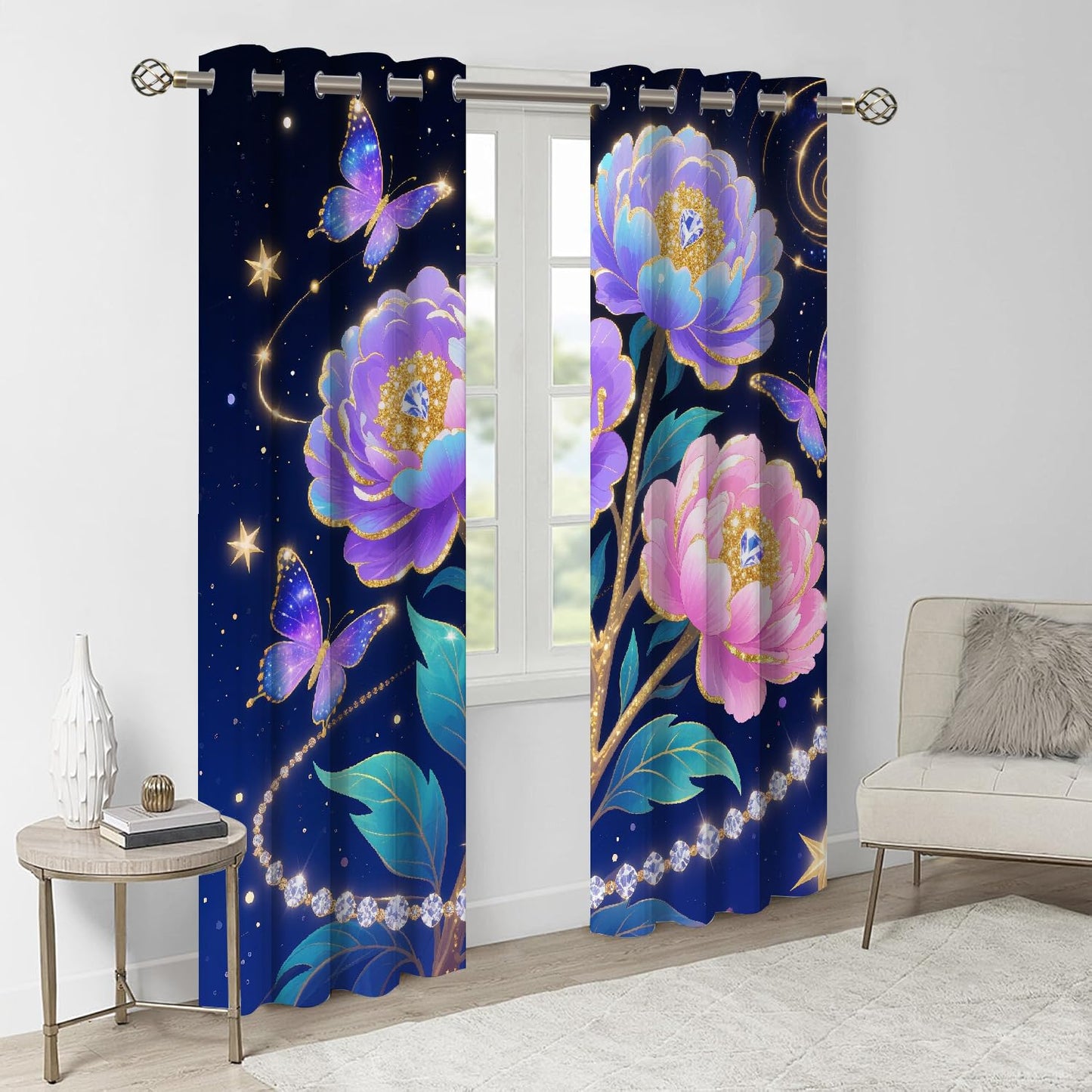 Shiny Fantasy Flowers Blackout Curtains, Flying Beautiful Butterfly 3D Print Pattern Curtain, 2 Panels Thermal Insulated Top Grommet Darkening Drapes for Living Room Bedroom(84" W x 84 "L)