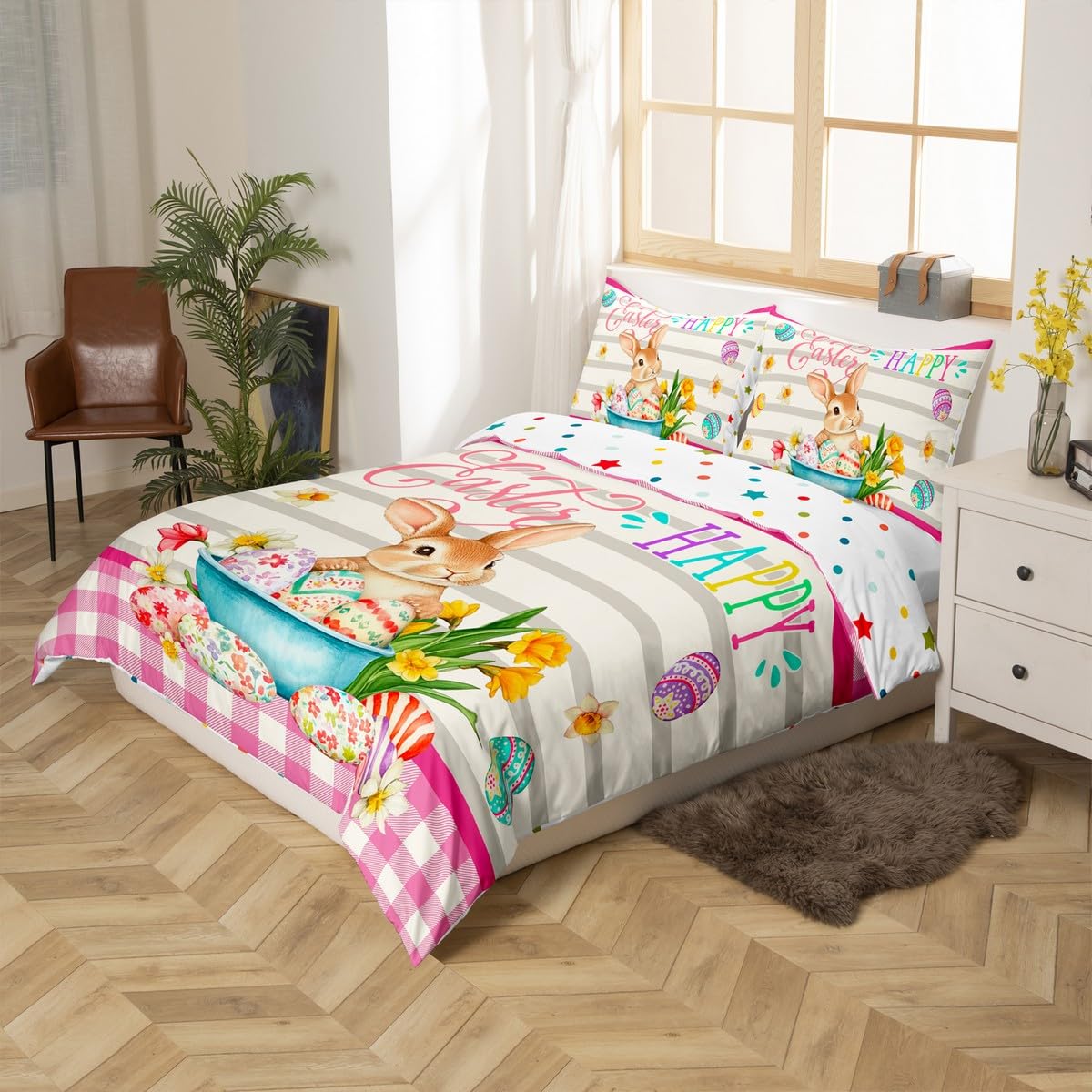 Erosebridal Easter Decorations,Rabbit Comforter Cover Happy Easter Themed Easter Egg Duvet Cover,Pink Yellow Tulip Flowers Checkered Grid Bedding Set Queen,Easter Gifts for Kids Kawaii Room Decor