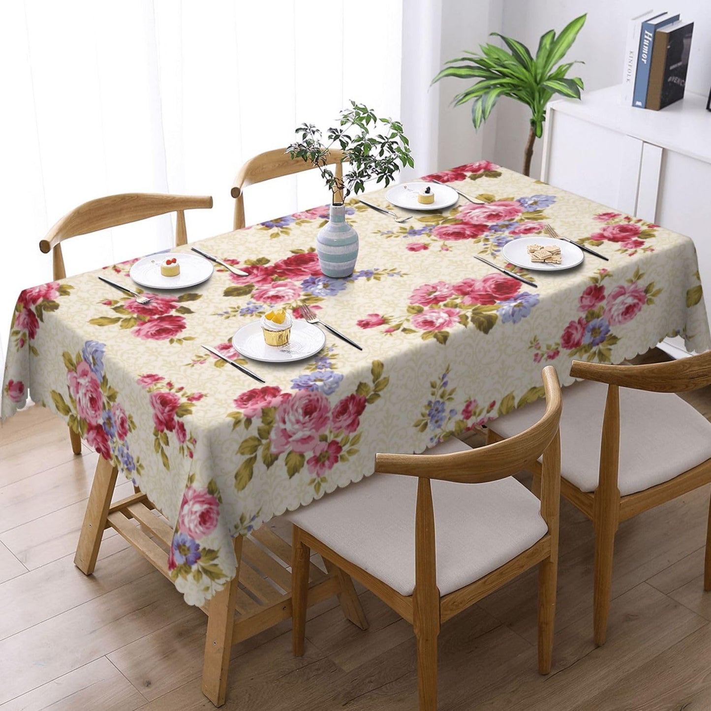 XUNNEECY Rose Pattern Tablecloth 54x72 Inches, Pink Floral Rectangular Polyester Table Cover with Wave Lace, Washable Dining Table Cloth for Kitchen, Party, Outdoor