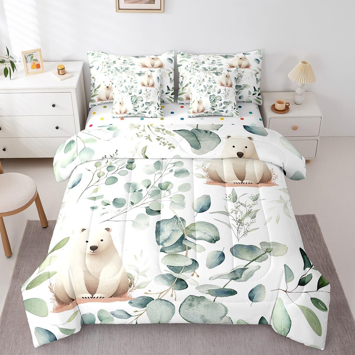 Erosebridal Boys Cartoon Animal Bed in a Bag 7-Piece for Kids Kawaii Polar Bear Bedding Set, Arctic Wildlife King Size Comforter Set White Green Bedding Comforter Sets, Botanical Eucalyptus Bed Set