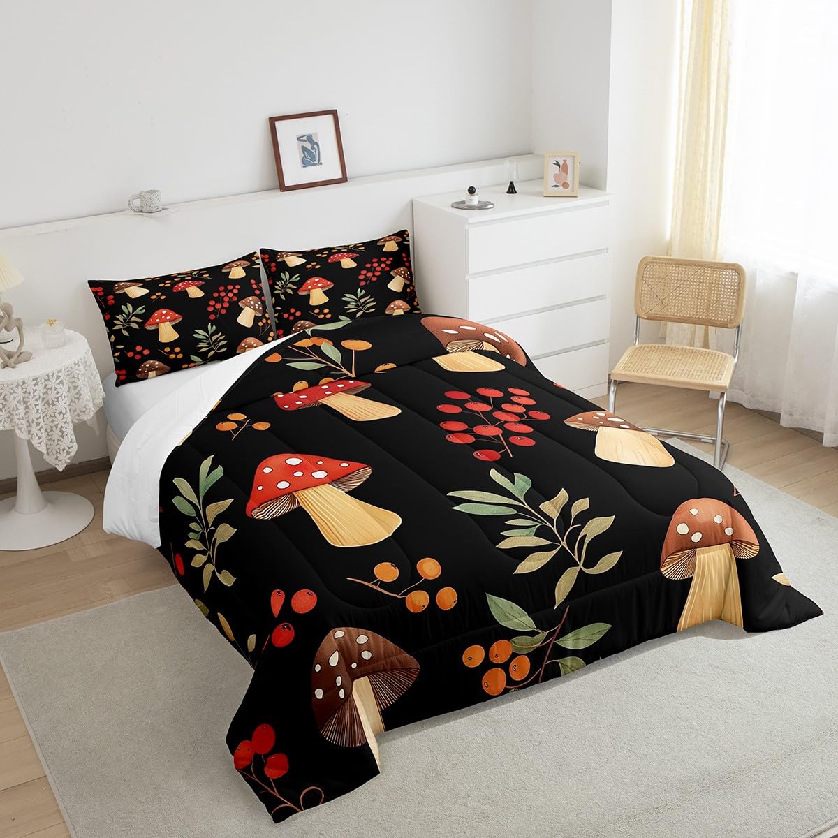 Feelyou Cartoon Mushrooms Bedding Set Kids Boys Girls Queen Size Cute Mushroom Comforter Set Ultra Soft Wild Mushroom Stuff Comforter Mushroom Duvet Set Room Decor Plant Pattern Quilt Set