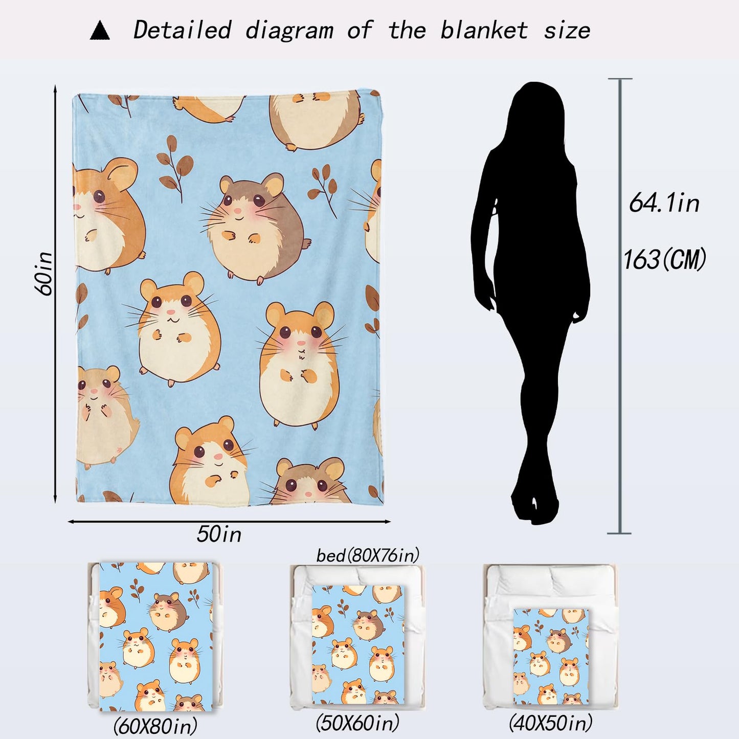 ainori Hamster Blanket - Cute Cartoon Hamsters Light Blue Fleece Throw,Gifts for Kids Adult, Soft & Warm,Lightweight, for Modern Rustic Whimsical Decor, Animal Lovers, and Room Home Accents 50x60in