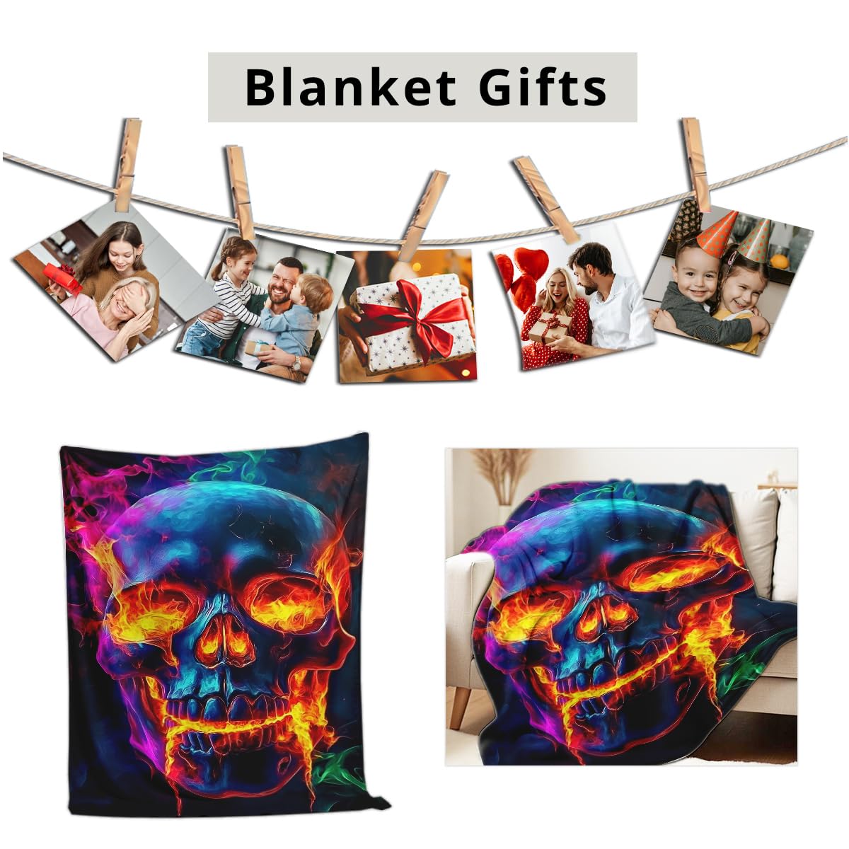 HUNXIAOJ Skull Blanket Throw Skeleton Flannel Blanket Gothic Print Throw Gifts for Kids Girls Boys Adults Women Men Halloween Decor Queen Size Bed Couch (49"x59")