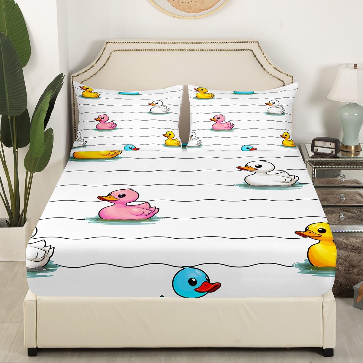 Erosebridal Cartoon Duck Sheet Set for Kids Boys Girls,Colorful Duck Bed Sheets Full,Cute Hand Drawn Duck Wave Lines Bedding Set,Lovely Farmhouse Animal Fitted Sheet + Top Sheet + 2 Pillowcases