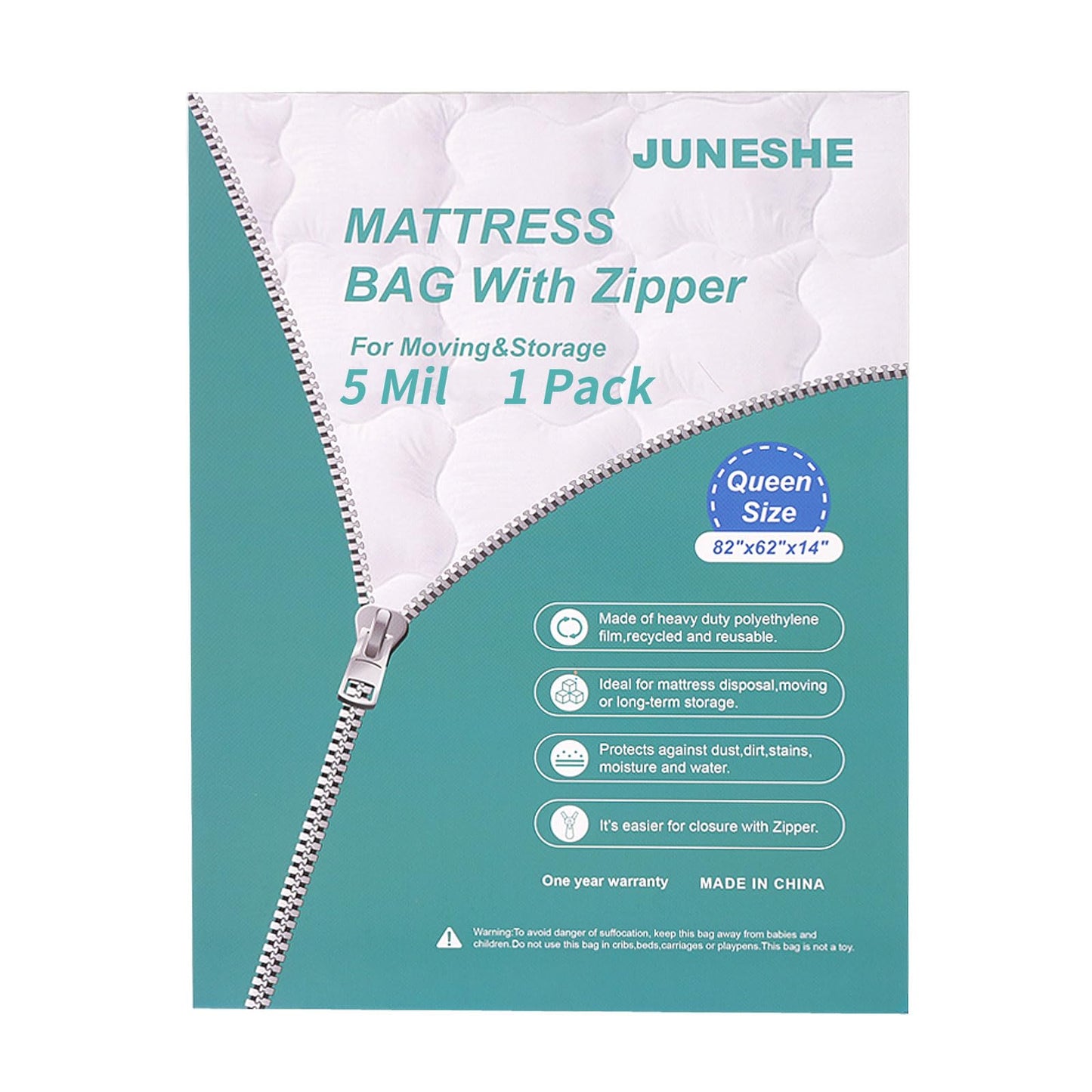 JUNESHE 5 Mil Queen Size Mattress Bag with Zipper for Storage Moving, Heavy Duty Plastic Waterproof Mattress Protector Cover Moving Supplies