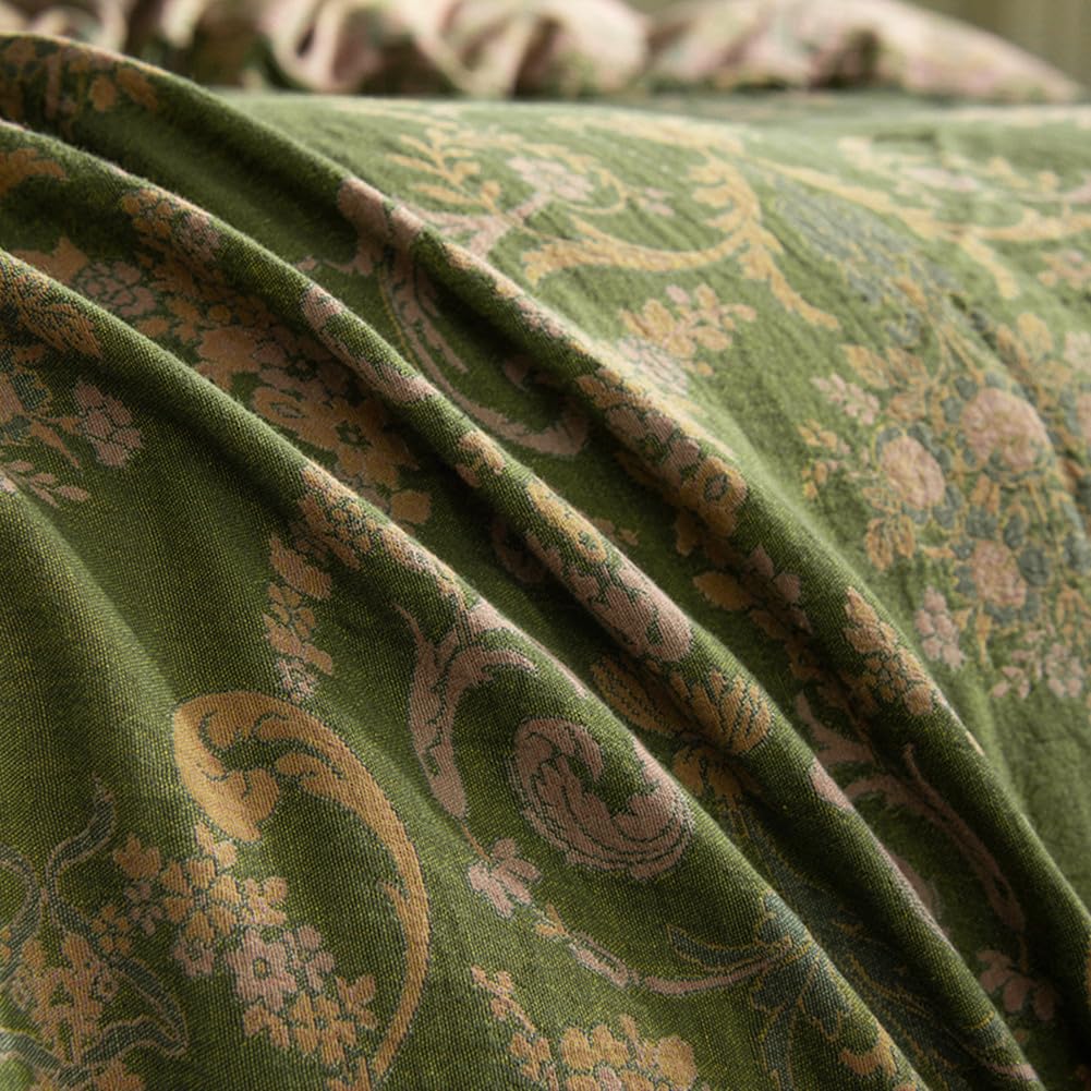 VM VOUGEMARKET Green Floral Duvet Cover Queen,3 Pieces Retro Boho Medallion Jacquard Flower Bedding Set,Linen Cotton Yarn-Dyed Textured Reversible Duvet Cover with Zipper Closure