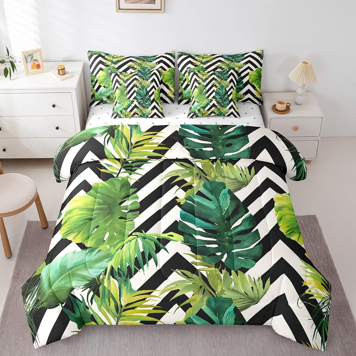 jejeloiu Tropical Leaves Comforter Set 7 Pieces Full Size Kids Black White Striped Bed in a Bag for Boys Girls Leaf Pattern Bedding Set Botanical,Comforter + Sheets + Pillowcases + Cushion Covers