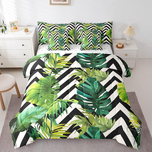 jejeloiu Tropical Leaves Comforter Set 7 Pieces Full Size Kids Black White Striped Bed in a Bag for Boys Girls Leaf Pattern Bedding Set Botanical,Comforter + Sheets + Pillowcases + Cushion Covers