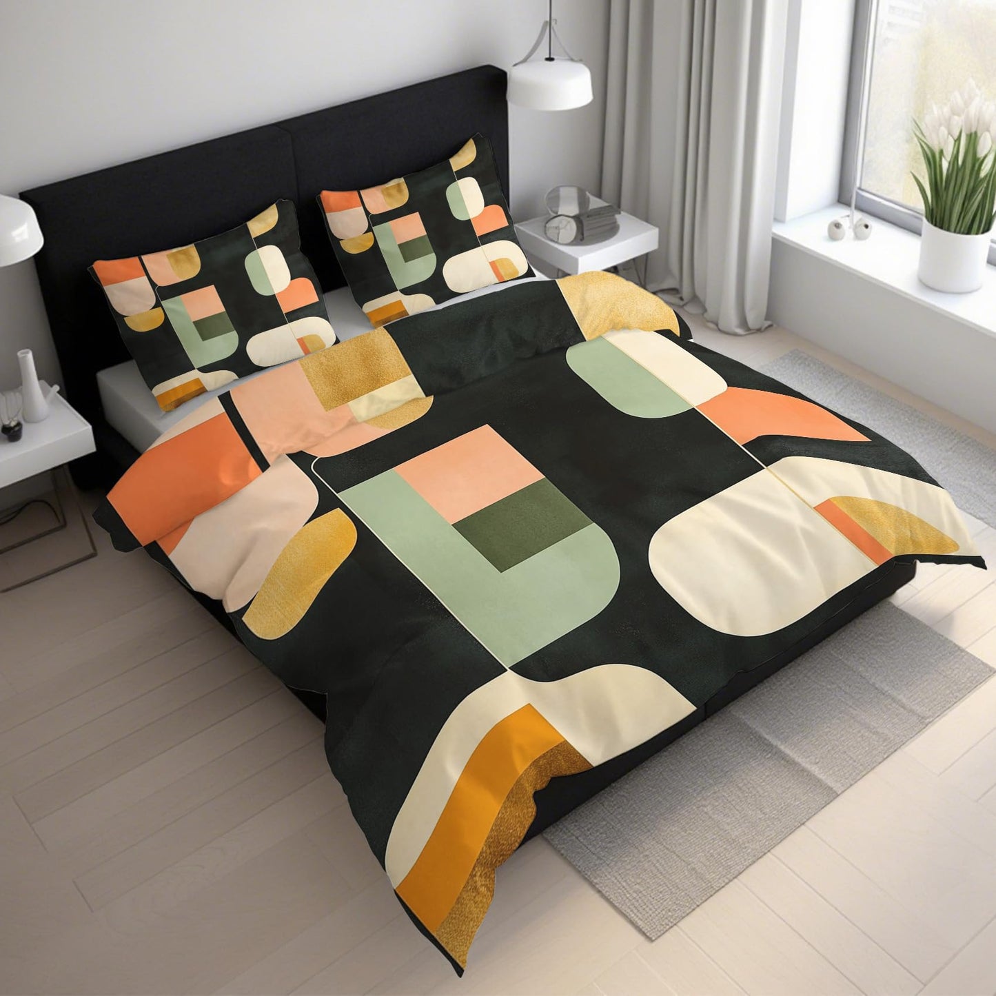 Abstract Geometric Duvet Cover Twin Size, Mid Century Modern Bedding Set 2 pcs with 1 Pillow Cover, Abstract Art Bedroom Decor, Soft Microfiber Reversible, Zipper & Ties KJJT 15