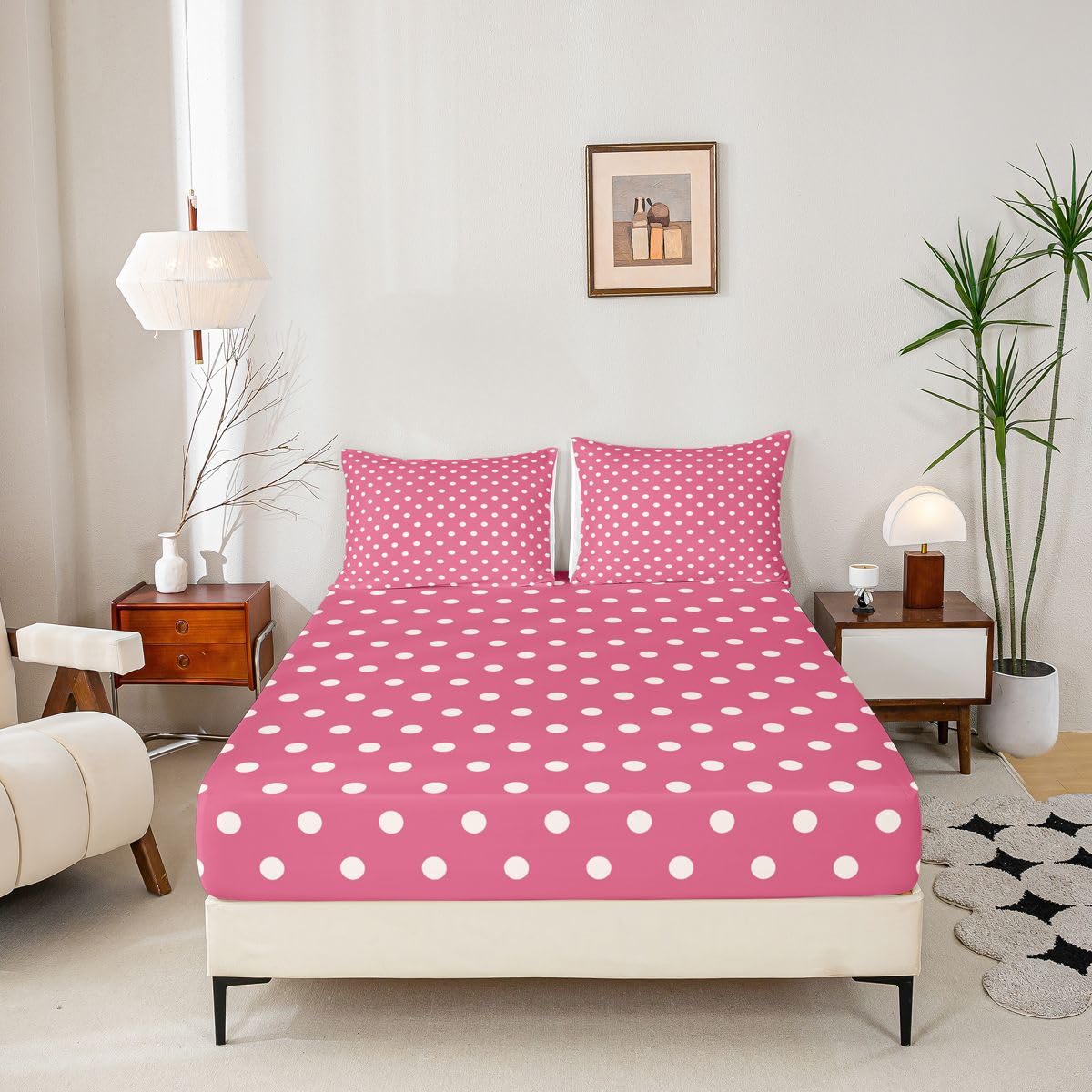 jejeloiu Pink White Polka Dot Fitted Sheet with 2 Pillowcases Full Size Retro Cute Polka Dot Bed Sheets Set 16" Deep Pocket Boys Girls Geometric Bedding Luxury Teens Bedroom Decor Breathable Soft