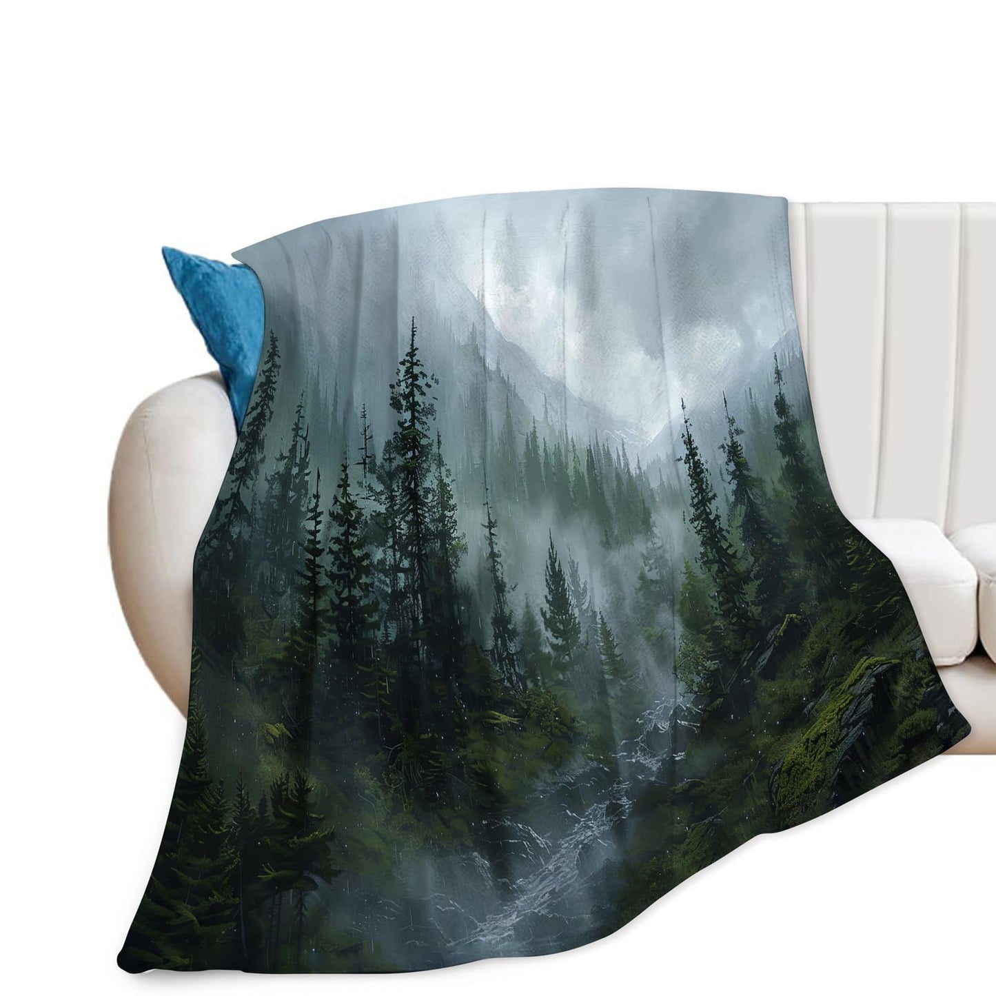 Baegopa Forest Blanket Misty Mountain Tree Throw Blanket Cozy Plush Fleece Flannel Green Nature Blankets Landscape Party Gifts for Girls Boys Women Men 50"X40"