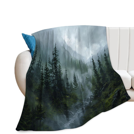 Baegopa Forest Blanket Misty Mountain Tree Throw Blanket Cozy Plush Fleece Flannel Green Nature Blankets Landscape Party Gifts for Girls Boys Women Men 50"X40"
