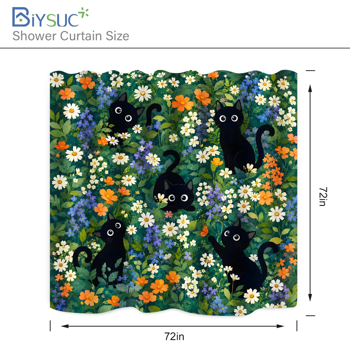 BIYSUC Cute Cat Shower Curtain Funny Boho Floral Daisy Flower Fun Kitten Animal Wildflower Farmhouse Bathroom Waterproof Polyester Fabric 72Lx72W Inch with Hooks