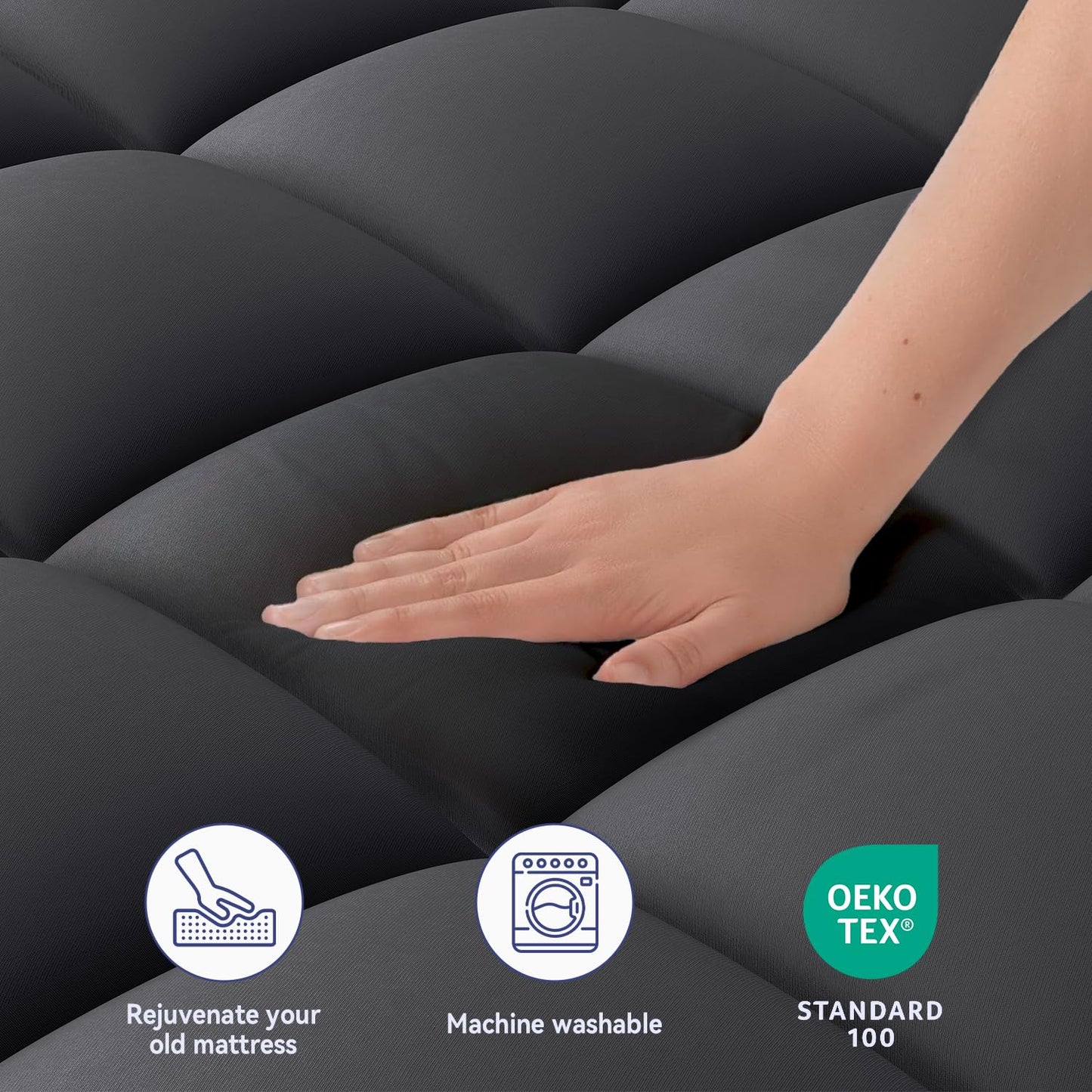 ELEMUSE Queen Black Mattress Topper for Back Pain, Extra Thick Mattress Pad Cover, Plush Soft Pillowtop with Elastic Deep Pocket, Overfilled Down Alternative Filling