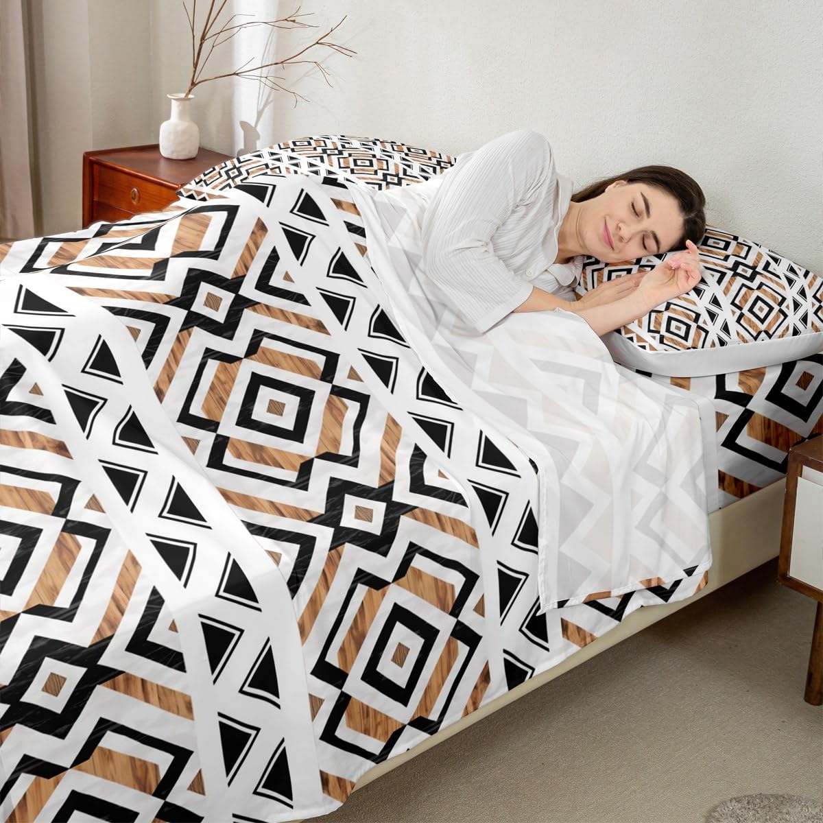jejeloiu Western Aztec Bed Sheets Set Queen Size Native American Bed Set Ethnic Deep Pocket Fitted Sheet Geometric Breathable Soft Lightweight Microfiber
