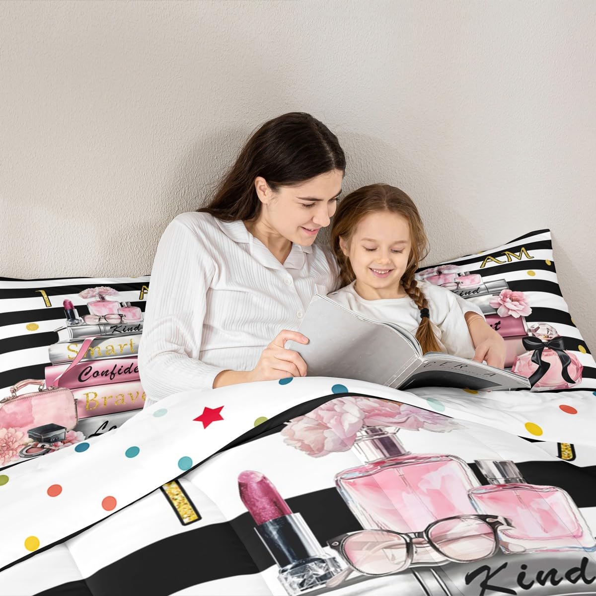 Erosebridal Pink Fashion Comforter King Size for Girls Kids Girly Modern Inspirational Quotes Bedding Set Women Abstract Black White Stripes Bed Set Magazine Books Floral Perfume Makeup Duvet Insert