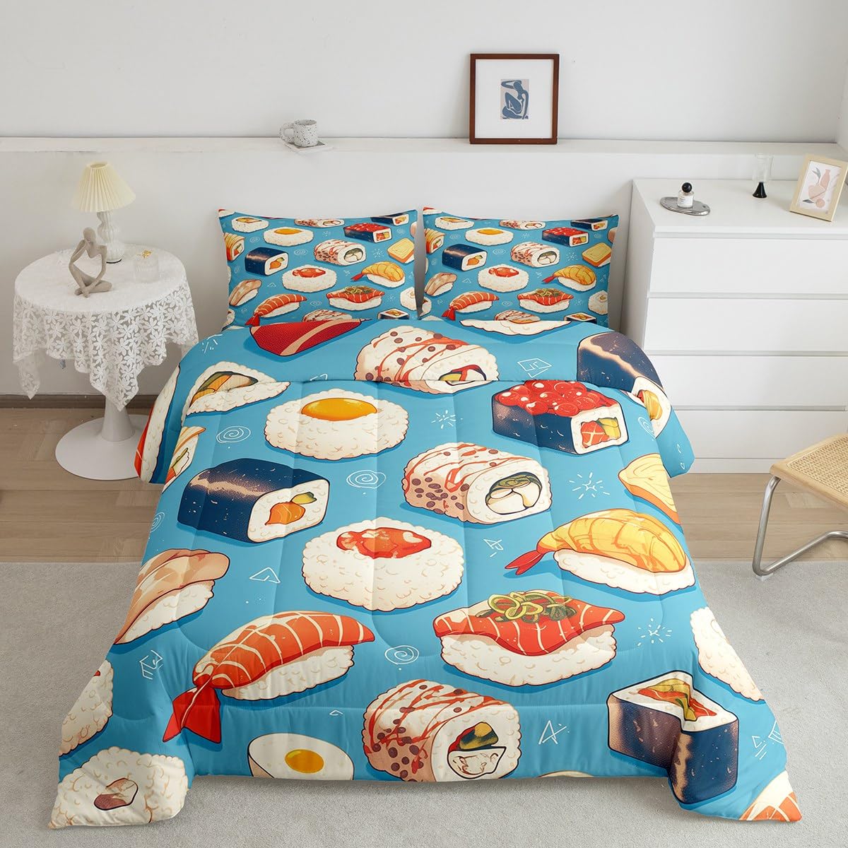Erosebridal Kids Sushi Comforter Set Queen Size,Japanese Sushi Bedding Set Funny Gifts for Teens Adults,Anime Style Quilt Bed Set Food Themed Bed Comforter Sets with 2 Pillowcases Bedroom Decor