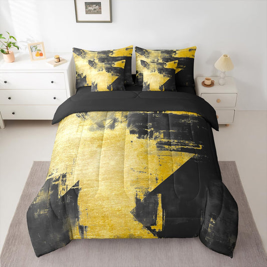 Feelyou Abstract King Comforter Set with Sheets for Kids Boys Girls Modern Abstract Art 7 Pieces Bedding Set Luxury Bed in a Bag Geometric Room Decor Yellow and Black Soft Lightweight Microfiber