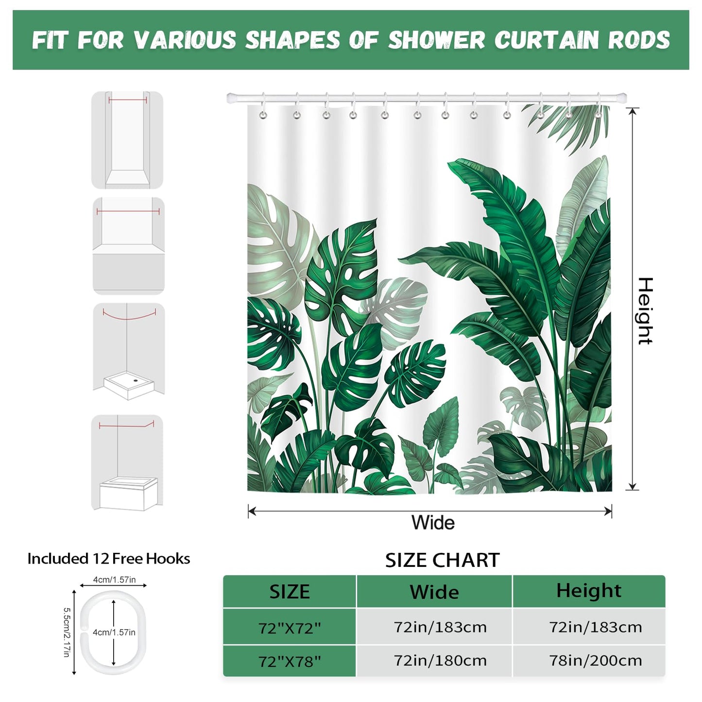 hometrixx Summer Tropical Plant Shower Curtain Dark Green Botanical Monstera Palm Tree Leaves Shower Curtains for Bathroom Bathtub Light Weight Washable Waterproof Fabric with 12 Hooks 72 X 72 Inch