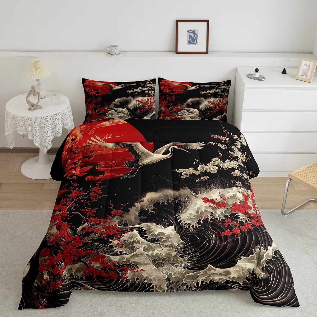 Erosebridal Oriental Cherry Blossoms Bedding Full Size Japanese Asian Print Comforter Set Full, Black and Red Duvet Insert Chic Crane Quilt Comforter, Ocean Waves Bedding Comforters & Sets