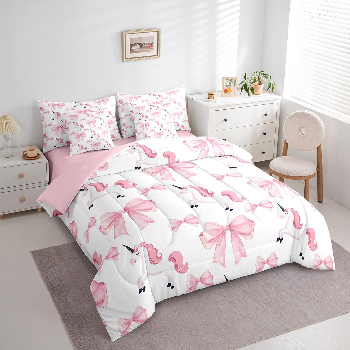 Erosebridal 7 Piece Girls Bowknot Kids Comforter Set King Bed in a Bag,Cute Pink Unicorn Bedding Set for Kids Child,Dreamy Princess Style Quilt Comforter,Girly Horse Bow Tie Valentine Duvet Insert