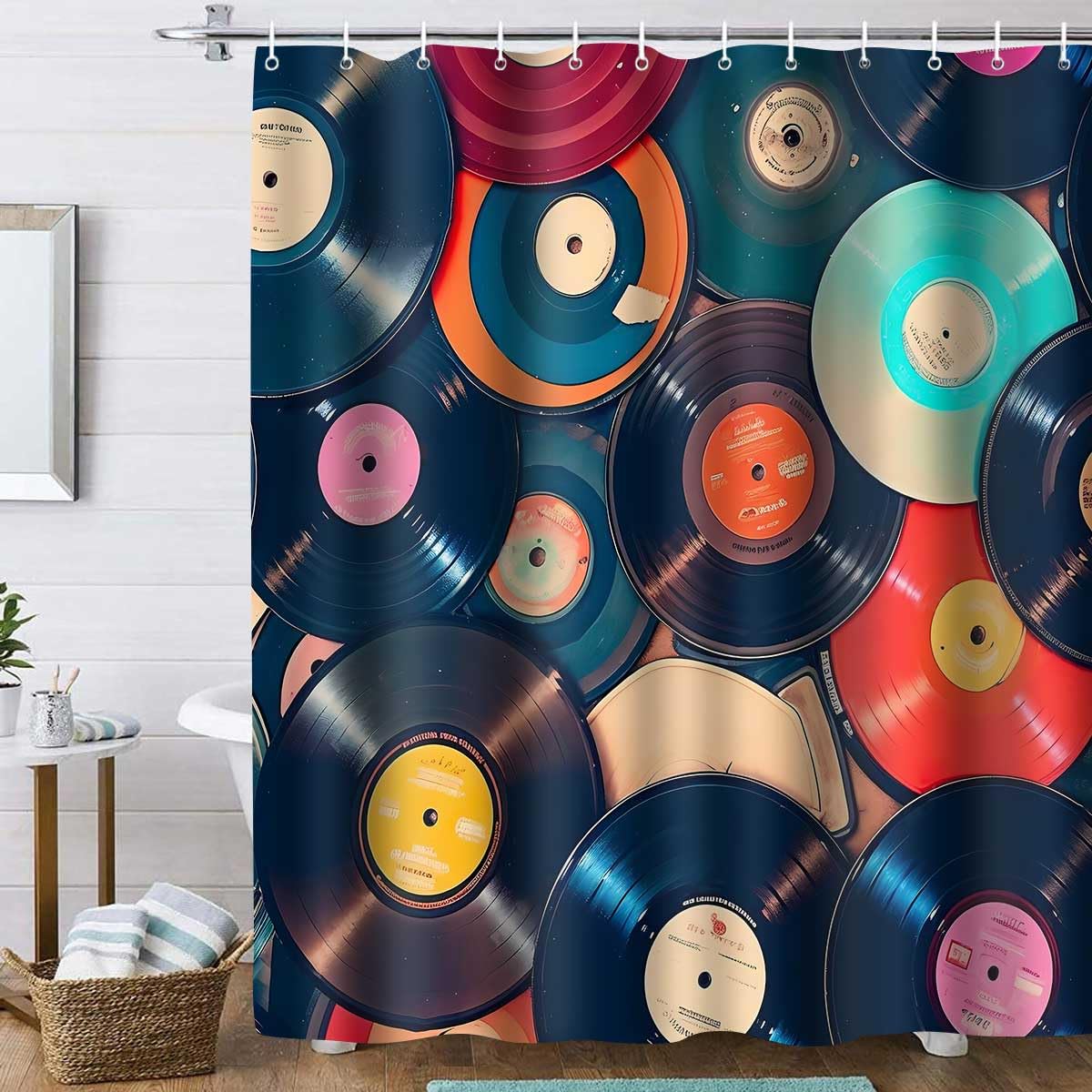 TPMDFC Retro Music Shower Curtain 72x72inch Music Records Bathroom Shower Curtains, Musicial Disc Album Bathroom Bathtubs Decor Set with 12 Hooks YLOKTP0444